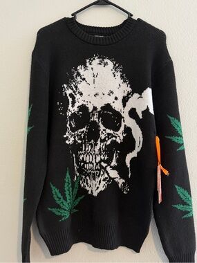 Men's Black Skull Graphic Knit Sweater with Green Leaf Accents